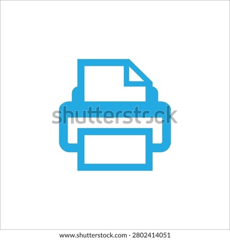 A clean, minimalist vector illustration of a classic printer icon in a vibrant light blue or cyan color tone, isolated on a solid white canvas. The design features a bold hardware silhouette showing a document feed sheet with a folded corner at the top and a printed page emerging from the output tray at the bottom. This high-quality graphic asset universally represents hardcopy output features, office equipment, paper documentation, printing settings, and user interface action menus. Perfectly tailored for mobile application UI, web navigation bars, office software branding, and modern digital layout structures