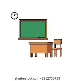 A clean, minimalist vector illustration of a classroom interior. It features a green chalkboard with a wooden frame, a matching wooden desk and chair, and a wall clock, all set against a plain white background.