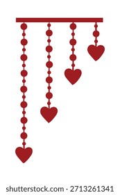 Una Ilustración vectorial limpia y minimalista presenta una guirnalda decorativa compuesta de corazones y círculos rojos. Cuatro cuerdas, que varían en longitud, cuelgan de una sólida barra Horizontal roja. Cada cadena está hecha 