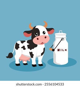 A clean and minimalist vector illustration featuring a dairy cow standing next to a traditional milk can. The design is isolated on a light blue background, emphasizing simplicity and charm. 