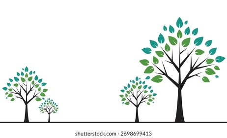 Clean, minimalist vector illustration featuring abstract tree silhouettes in different sizes with green and teal leaves. Ideal for environmental, growth, nature, education, or business concepts.