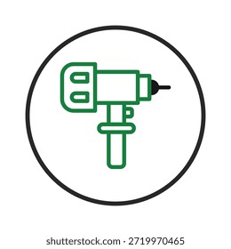 Una Ilustración vectorial limpia y minimalista con un taladro eléctrico verde dentro de un marco circular. El diseño evoca conceptos de construcción, proyectos de bricolaje, trabajos de reparación y precisión técnica,