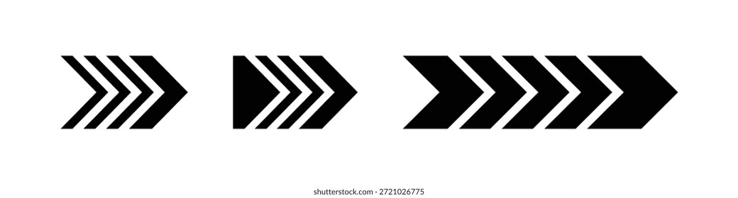 Una Ilustración vectorial limpia y minimalista que presenta un conjunto de tres diseños de flechas de chevrón que apuntan a la derecha. La primera flecha consta de tres delgados chevrones negros paralelos, que sugieren movimiento o progresión. La segunda flecha muestra tres chevrones negros sólidos ligeramente más gruesos, que ofrecen un sentido de dirección más pronunciado. El tercer diseño es una flecha continua más larga formada por múltiples chevrones negros gruesos y sólidos, que enfatizan la velocidad, el avance o una próxima acción. Todas las flechas se representan en negro sólido sobre un fondo blanco prístino, proporcionando alto contraste y versatilidad para varias aplicaciones digitales e impresas, como interfaces de usuario, iconos de navegación o elementos de infografía.