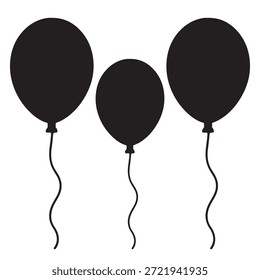 Una Ilustración vectorial limpia y minimalista con tres siluetas de globo negro con cuerdas onduladas. Este gráfico versátil es perfecto para celebraciones, diseños de fiesta e invitaciones modernas.