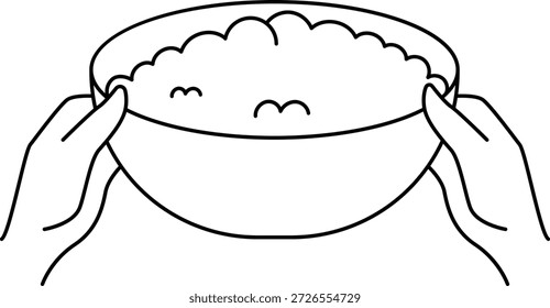 Eine saubere, minimalistische Vektorgrafik mit einem Paar Händen, die eine volle Schüssel mit Reis, Körnern oder Haferbrei halten. Dieses einfache Design stellt das Servieren, das Teilen einer Mahlzeit, Gastfreundschaft und gesundes Essen dar.