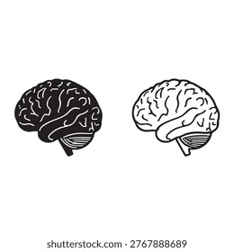 A clean, minimalist vector illustration featuring two versions of the human brain in profile (lateral view): a solid black silhouette and a detailed black-and-white line art outline. This set includes the cerebrum, cerebellum, and brainstem, making it ideal for medical, psychological, educational, or creative concepts related to intelligence, mental health, and neurology.