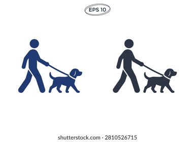 A clean minimalist vector illustration featuring a person walking their pet dog on a leash representing outdoor activity and pet care