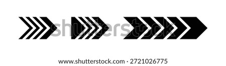 A clean and minimalist vector illustration featuring a set of three distinct right-pointing chevron arrow designs. The first arrow consists of three thin, parallel black chevrons, suggesting movement or progression. The second arrow displays three slightly thicker, solid black chevrons, offering a more pronounced sense of direction. The third design is a longer, continuous arrow formed by multiple thick, solid black chevrons, emphasizing speed, advancement, or a next action. All arrows are rendered in solid black against a pristine white background, providing high contrast and versatility for various digital and print applications, such as user interfaces, navigation icons, or infographic elements.