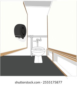 A clean and minimalist vector illustration of a modern toilet in a bathroom setting, showcasing detailed fixtures like a tissue dispenser and subtle lighting effects. Ideal for architectural designs