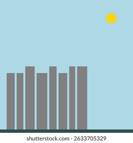 A clean, minimalist vector illustration of a modern city skyline with buildings, a blue sky, and a sun