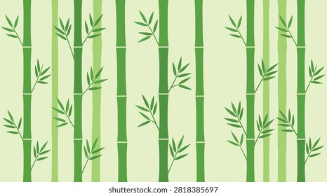 A clean, minimalist vector illustration pattern featuring green bamboo stalks and leaves on a light background, ideal for nature-themed designs.