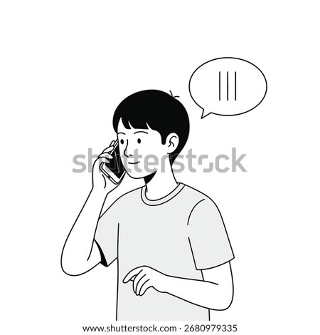 A clean minimalist vector illustration of a person taking a phone call with a simple speech bubble.