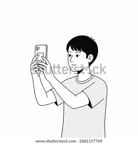 A clean minimalist vector illustration of a person taking a photo with a smartphone.