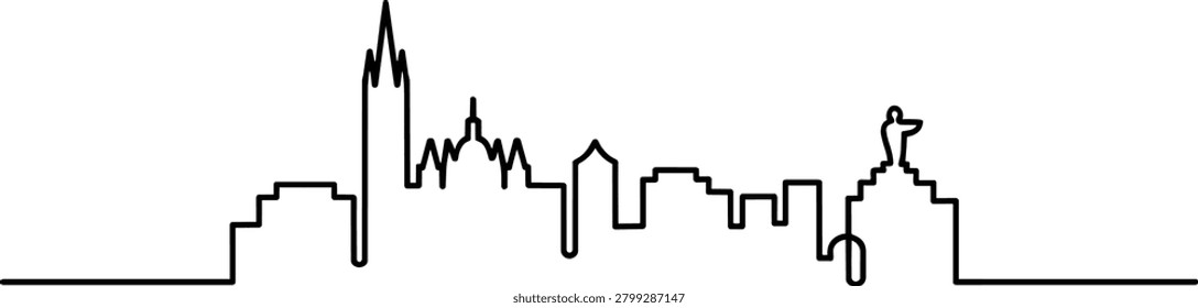 A clean, minimalist vector illustration of the Quito skyline. It features distinct city landmarks rendered in a single black outline, showcasing the architectural beauty of this.