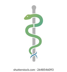 Uma ilustração vetorial limpa e minimalista da Haste de Asclépio com uma cobra gradiente e uma hélice de DNA sutil, simbolizando a medicina, a cura e a saúde. Perfeito para clínicas, farmácias.