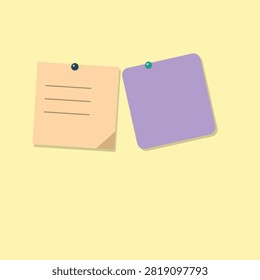 A clean and minimalist vector illustration showing two individual sticky notes secured with pins on a light yellow background. This composition is great for highlighting dual tasks comparisons or simple reminder lists.