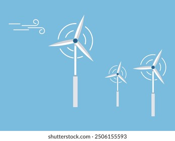 Clean and minimalist vector illustration of three wind turbines generating energy. The turbines are set against a blue background, symbolizing renewable energy and sustainable environmental practices.