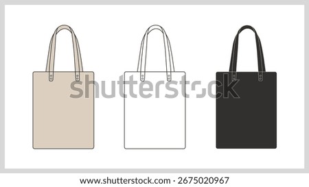 Clean, minimalist vector illustration of three tote bags in different colors.  Perfect for branding and mockup designs.