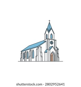 A clean and minimalist vector illustration of a traditional Christian church building. The design features white walls, a blue roof, and a tall steeple topped with a cross. It is presented in a flat line art style against a plain white background, highlighting its architectural features like arched windows and buttresses.