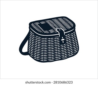 A clean, minimalist vector illustration of a traditional wicker fishing creel basket. This high contrast, black and white silhouette features detailed woven textures and a classic closure strap, making it a perfect graphic element for fishing logos, outdoor adventure branding, vintage tackle shop designs, and apparel prints.