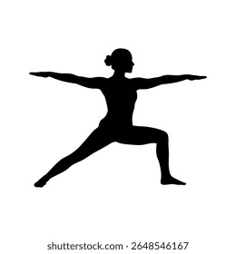 A clean and minimalist vector illustration of a woman in a powerful yoga Warrior II pose, symbolizing strength, balance, and mindfulness. Perfect for fitness content, wellness apps.