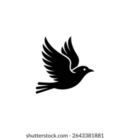 Uma imagem vetorial limpa e minimalista de um pássaro preto em voo, apresentada em silhueta com asas abertas detalhadas contra um fundo branco nítido.