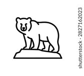 A clean, minimalist vector line art icon of a bear standing on a rock. Perfect for nature, wildlife, outdoor adventure, and conservation themes.
