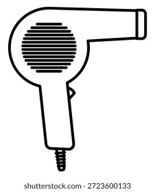 Clean minimalist vector line art icon of a classic blow dryer. Representing personal grooming and professional hair care, this simple graphic is ideal for beauty branding and DIY manuals.