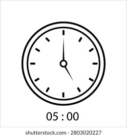 A clean, minimalist vector line art illustration of a classic analogue wall clock accompanied by a digital time readout, isolated on a solid white background. The graphic features a bold circular frame with clearly defined dashes marking the twelve hours, with the hands precisely positioned to show exactly five o'clock, paired with the text 