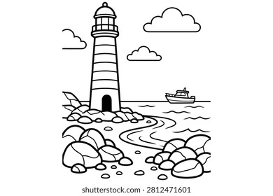 A clean, minimalist vector line art illustration featuring a picturesque coastal landscape. The design depicts a tall lighthouse standing on a rocky shore, with a small boat sailing on the calm sea in the distance. The scene is complemented by fluffy clouds in the sky and a pebble-strewn beach in the foreground. This bold, simple black-and-white outline graphic is perfect for a variety of creative applications, including coloring book pages for children and adults, educational materials, travel-themed design projects, or as a charming decorative element for stationery and greeting cards. The clean lines and clear composition ensure versatility and ease of use for graphic designers and illustrators.