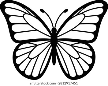 A clean and minimalist vector line art illustration of a beautiful butterfly shown from a top-down, perfectly symmetrical perspective. The design features a bold black silhouette outline with elegant, smooth curves defining the distinct forewings and hindwings, which are filled with clear internal wing vein cell segments reminiscent of a monarch butterfly. The central body features a slender abdomen and two delicate, curved antennae terminating in small clubbed ends. Ideal for kids' coloring books, beauty salon branding, wellness center logos, nature conservation graphics, spring-themed greeting cards, minimalist tattoo stencils, or decorative vinyl stickers.
