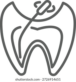 Um ícone de linha vetorial limpo e minimalista representando um dente molar submetido a um procedimento de canal radicular com um arquivo endodôntico. Ideal para marca de clínica dentária, infográficos médicos e materiais educacionais de saúde bucal.