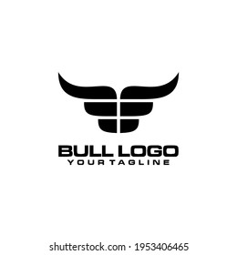 A clean and minimalist vector logo design featuring a stylized bull head icon, representing strength, determination, resilience, and power. Perfect for financial firms, sports teams, ranches, meat 