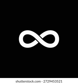 Clean minimalist vector logo featuring a smooth, symmetrical infinity symbol (?) in pure white on deep black background, with subtle rounded edges for a modern, timeless feel. Perfect for premium wellness brands, eternal love jewelry lines, mindfulness coaching services, spiritual yoga studios, or luxury longevity skincare seeking a simple, elegant, and universally meaningful identity.