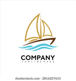 A clean, minimalist vector logo illustration featuring a stylized sailboat riding on ocean waves, ideal for nautical, maritime, and travel brand identity.