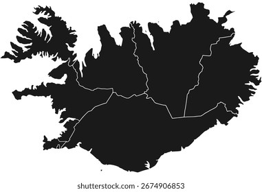 Un mapa de Vector limpio y minimalista de Islandia en un color negro sólido con todos los límites regionales. Ideal para presentaciones profesionales, informes y visualización de datos.

