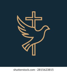 A clean, minimalist vector-style logo featuring a golden outline of a dove flying in front of a Christian cross, set against a dark navy blue background.