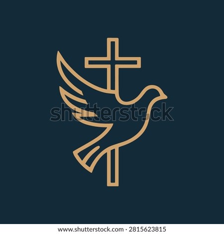 A clean, minimalist vector-style logo featuring a golden outline of a dove flying in front of a Christian cross, set against a dark navy blue background.