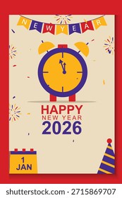 Ein sauberes und minimalistisches vertikales Neujahrs-2026-Grußbanner mit Wecker, festlicher Brandung und Konfetti auf weichbeigem Hintergrund.