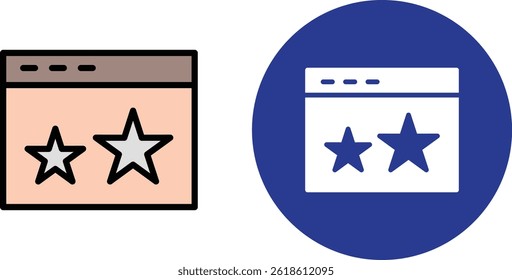 A clean, minimalist web browser window icon featuring two star-rating symbols, with sleek lines, a simple toolbar, and an uncluttered design — perfect for displaying user reviews and feedback scores.