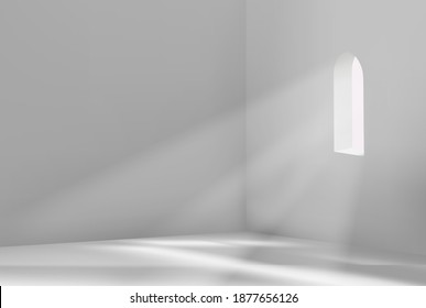 Clean minimalist white realistic empty room with sunlight through window and shadow cast background illustration vector