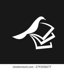 A clean, minimalist white silhouette features a bird flying gracefully from a stack of open books against a deep black background. This elegant graphic design represents education, learning, wisdom, literary pursuits, and the freedom of knowledge, ideal for academic institutions, publishing houses, or personal growth concepts.