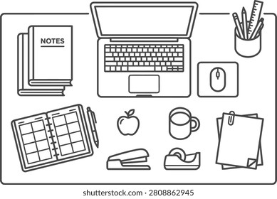 Clean minimalist workspace desk setup outline icon with workspace notebook stationery computer