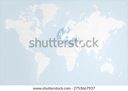 A clean, minimalist world map featuring a circular zoom on Central Europe, highlighting Austria with its national flag colors.