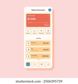 A clean, minimalistic banking app interface, displaying account balance and recent transactions.