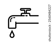 A clean, minimalistic black and white water faucet icon with a single water droplet, ideal for use in plumbing, water conservation, or utility design.