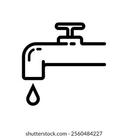 A clean, minimalistic black and white water faucet icon with a single water droplet, ideal for use in plumbing, water conservation, or utility design.