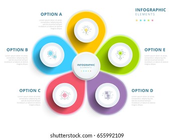 Clean minimalistic business 5 step process chart infographics with step circles. Bright corporate graphic elements. Company presentation slide template. Modern vector info graphic layout design.