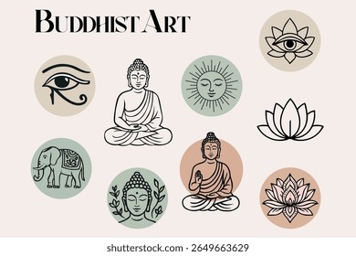 A clean, minimalistic collection of Buddhist-inspired line art icons.
Includes symbolic illustrations such as meditating Buddha, lotus flowers, elephant, sun, eye, and sacred geometry elements.