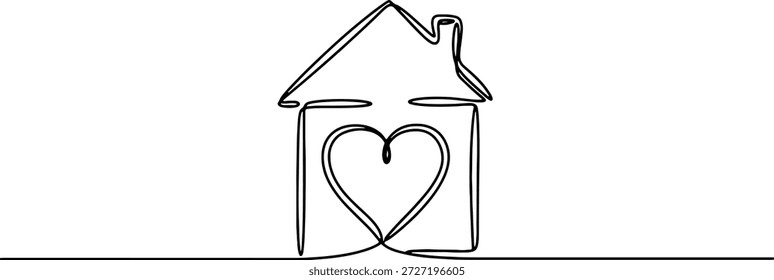 Um limpo e minimalista contínuo desenho de uma linha de uma casa com um coração dentro, ilustração vetorial
